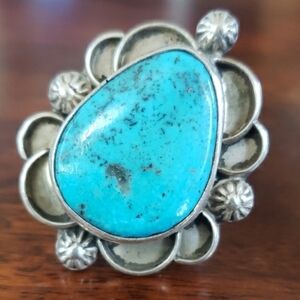 VINTAGE Navajo Sterling Silver Turquoise Ring | Old Pawn | SIZE 9.5